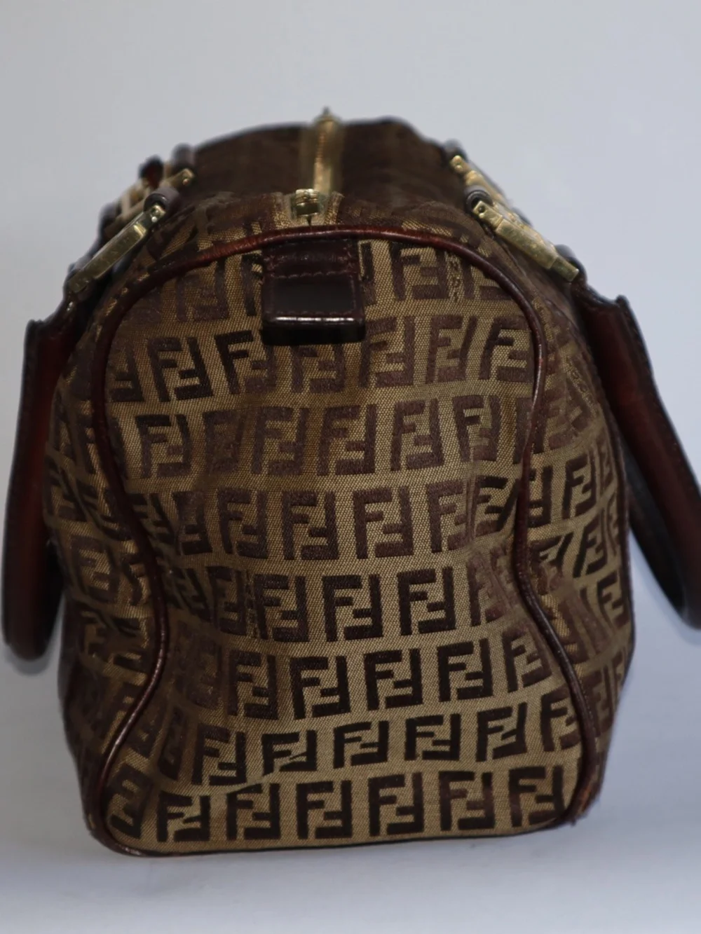 Fendi Zucchino FF Bauletto Vintage Boston Bag Brown